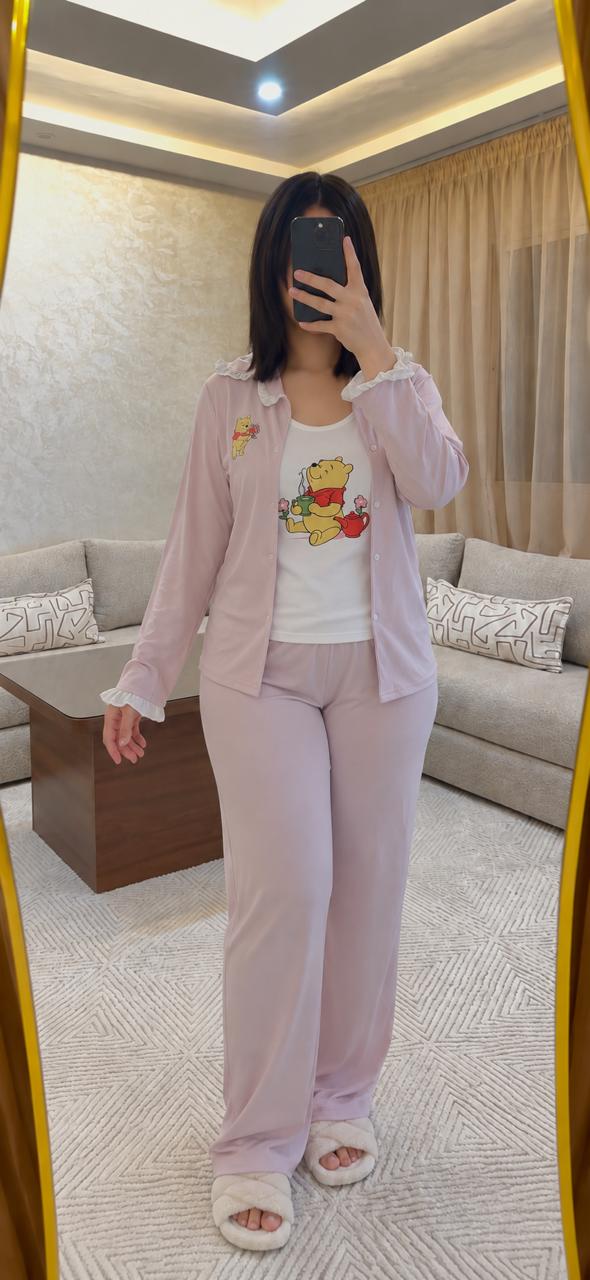Ensemble pyjama lilas avec chemise à volants, débardeur blanc à motif ourson et pantalon assorti